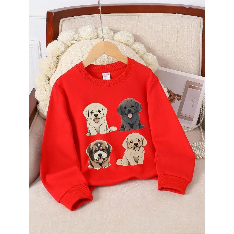 Kids Unisex Crewneck Sweatshirt, Four Cute Fluffy Puppy Cartoon Print Soft Fleece Pullover For Kids Over 4 Years Old