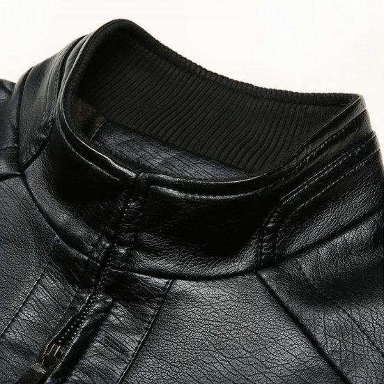Men Jacket Faux Leather Solid Color Stand Collar Smooth Thick Warm Long Sleeve Zipper Neck Protection Motorcycle Windproof Cool Autumn Winter Jacket