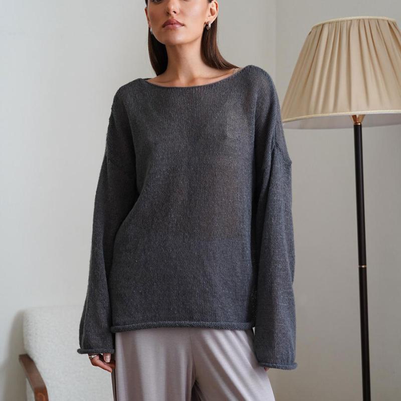 Hohler Strickpullover Frühling und Sommer Damen Perspektive Dünne Abteilung Großer Rundhalsausschnitt Trompetenärmel Gestricktes T-Shirt