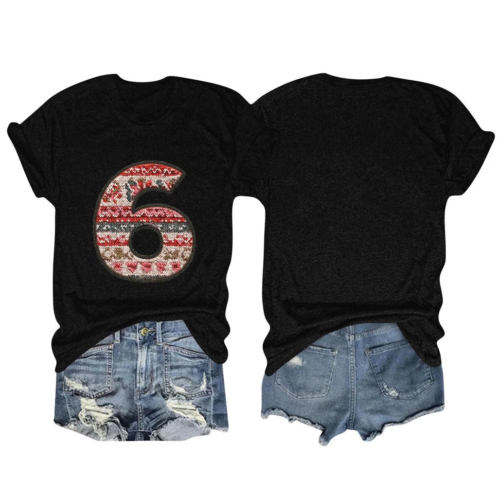 Tricou de damă la modă, cu imprimeu, cu gât rotund și mâneci scurte, pulover