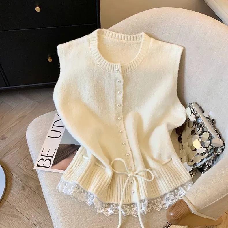 Women's Spring Layering: Oversized Knit Top with Fall Lace Hem and Tie-Front Vest