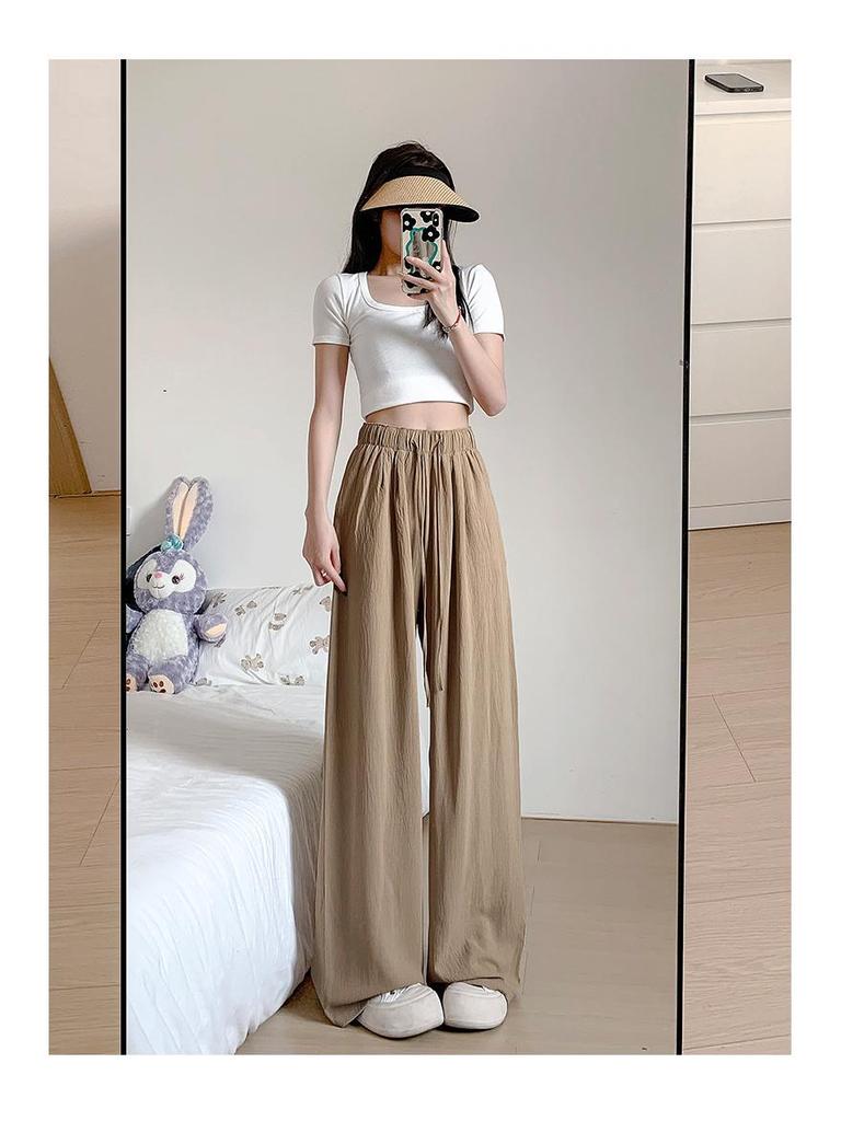 Women's Summer High-Waist Straight Brown Pleated Cotton-Linen Sunscreen Pants