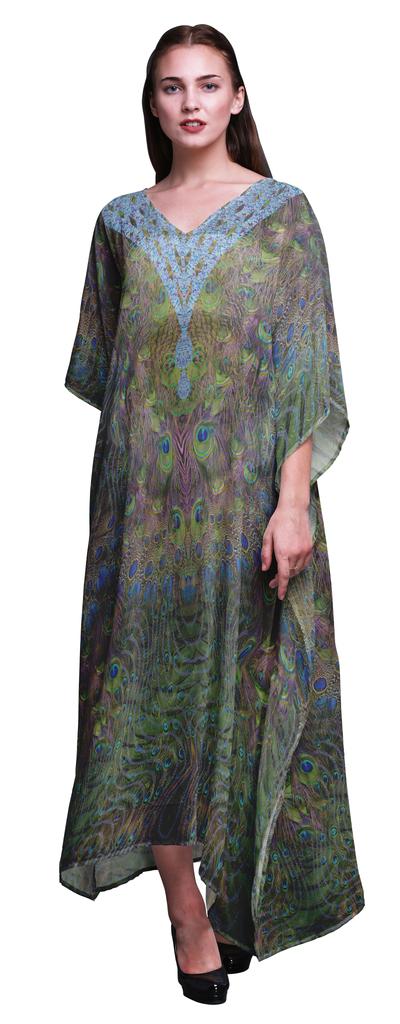 Phagun Peacock Feather Ladies Plus Size Kaftan Summer Wear Beach Coverup Kimono