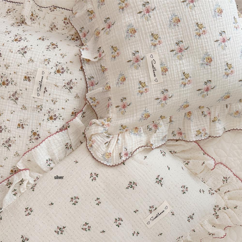 Small Floral Ruffle Lace Double Layer Cotton Gauze Pillowcase for Kindergarten