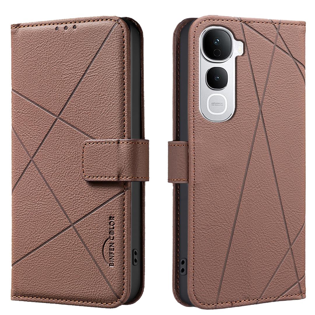 

For vivo Y400 Pro 5G Case BINFEN COLOR BF35 Geometry Imprinted Leather Phone Cover RFID Blocking Wallet Stand Brown