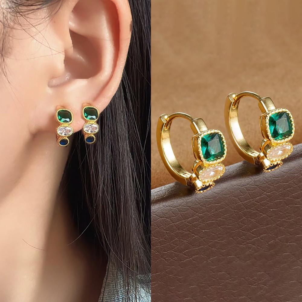 Vintage Gold Color Stainless Steel Circle Hoop Earrings Fashion Green White Blue Cubic Zirconia Circle Earrings Trendy Jewelry