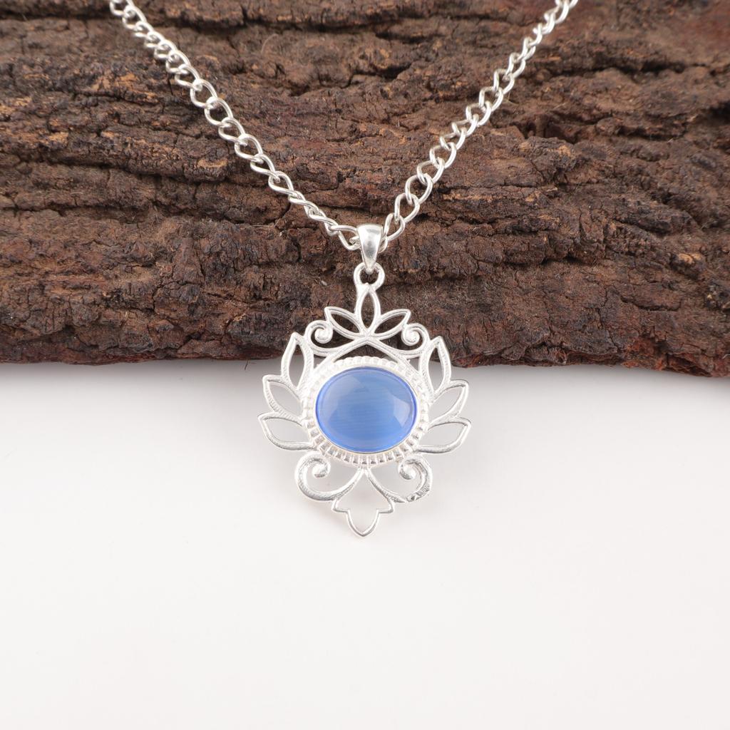 Dark Blue Cat's Eye Gemstone 925 Stamped Silver Jewelry Handmade Pendant For Her CP-1-41