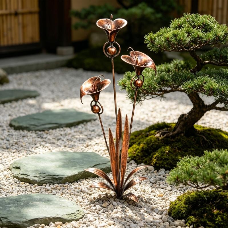 Elegant Copper Calla Lilies Wind Chime Stake With Delicate Bells Included For Backyard Garden Decoration 75cm Height