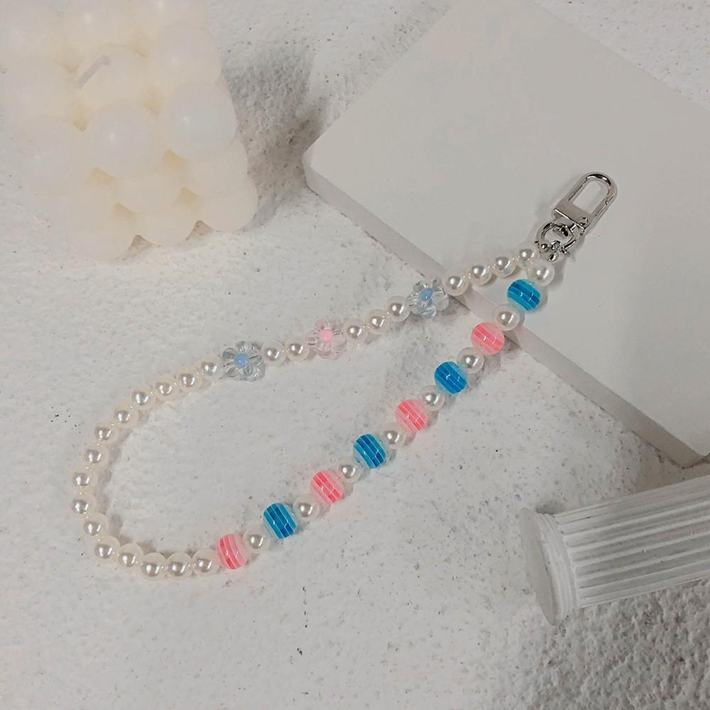 INS handmade string colored striped beads pearl flower anti-loss portable diagonal cross hand carry fashion chain mobile phone chain
