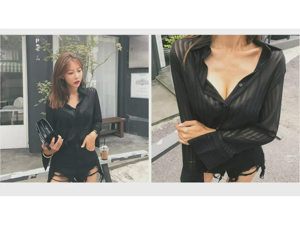 Chic Black Sheer Chiffon Shirt - Stylish and Sexy 2023 Mature Fashion Top