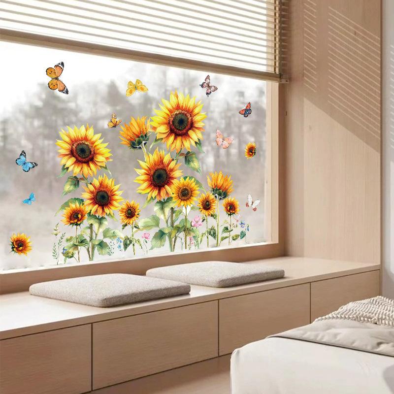 New plant flowers sunflowers butterflies electrostatic glass stickers window glass decoration glue-free and easy to tear