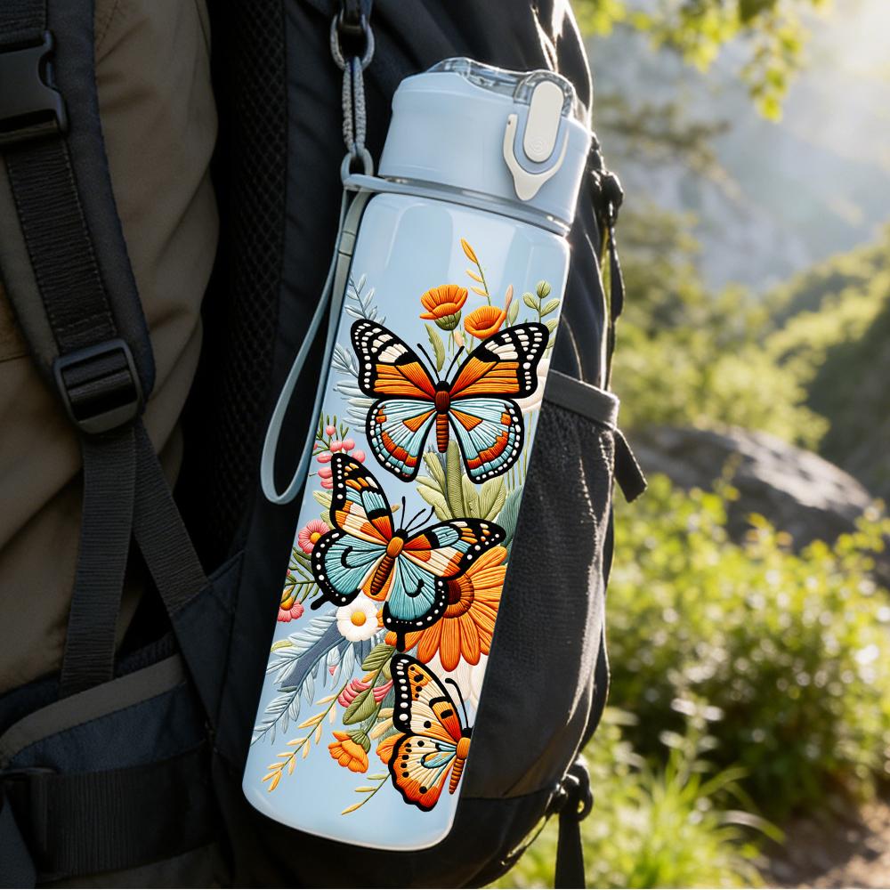 1PC Vintage Butterfly Bouquet 750ml Color Plastic Sports Water Bottle Leakproof Flip Straw Lid Suitable for Sports Office Home Use