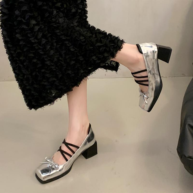 Fashion 2025 NEW French Style Chunky Heel Cross Band Square Head Single Shoes Commute Evening Wind Comfortable Leather Shoes