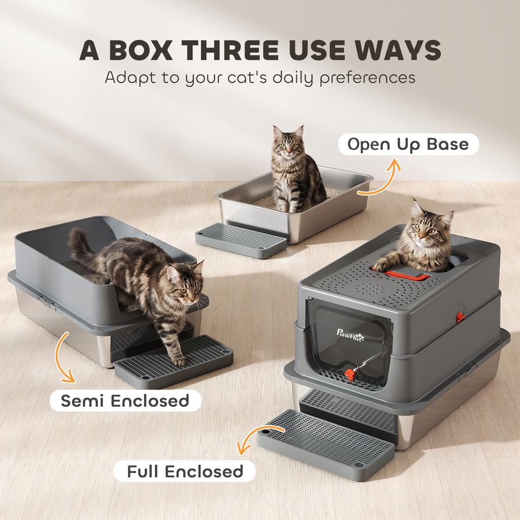 Stainless Steel Cat Litter Tray with Lid, XL 90L Enclosed Cat Litter Box with Step, Scoop, High Side, Dark Grey