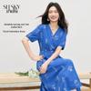 Klein Blue Embroidered French V-Neck Midi Dress