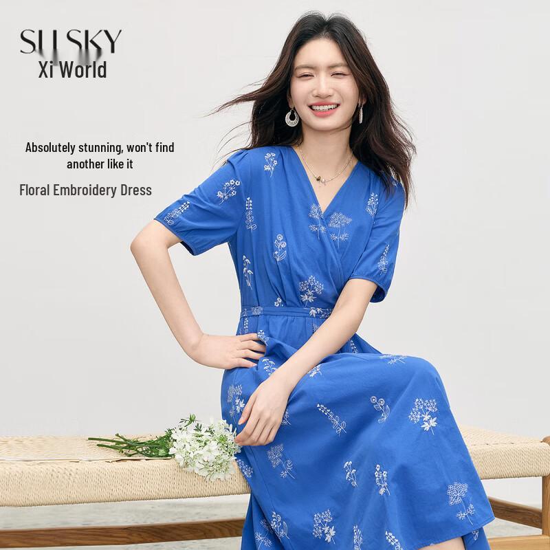 Klein Blue Embroidered French V-Neck Midi Dress M