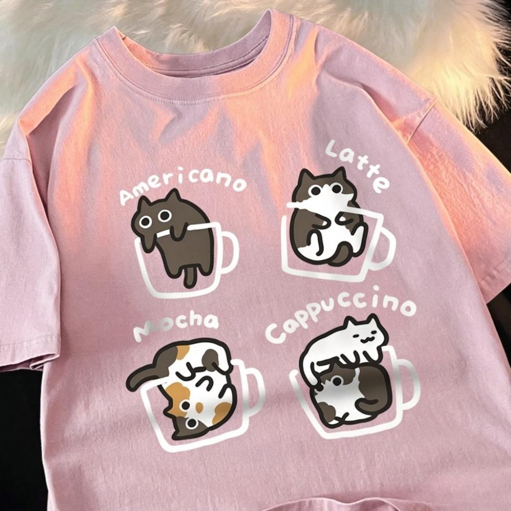 Y2k Fun Cartoon Cat Coffee Pattern 3d Print Breath Quickdry Unisexs Unisexs Tshirt Outdoor Leisure Fashion Parentchild Clothing