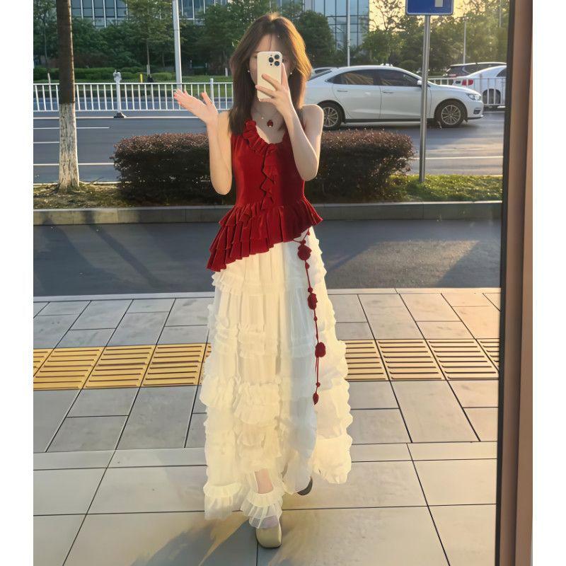 

2026 Summer Red Halter Sleeveless Camisole & Slimming Half Skirt Set Large (105-115)