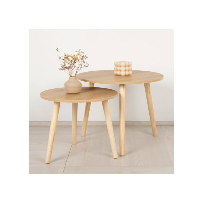 Tables d'appoint en bois - AKTIVE - Lot de 2 - D 40 x 44 cm - D 50 x 50 cm - Bois naturel - Capacité 5 kg - Rustique