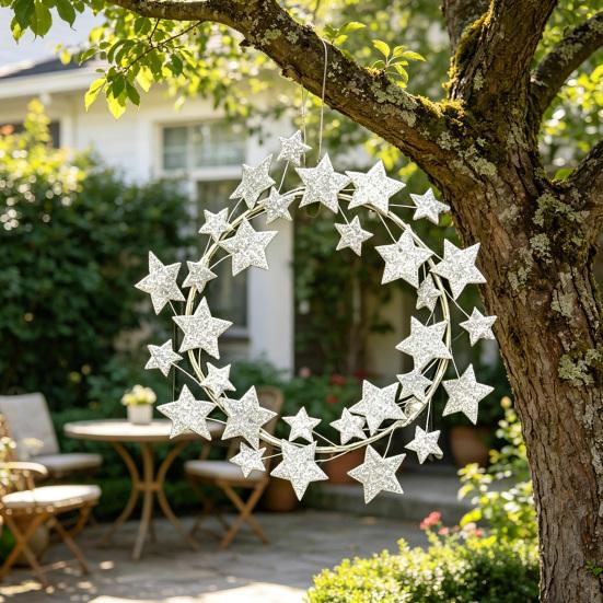 Metal Star Wreath for Front Door 11" Glitter Shiny Star Sparkling Wreath for Wall Mantle Holiday Party Indoor Outdoor Decoration