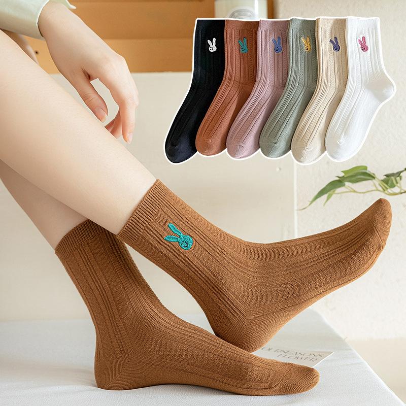 Female Spring and Autumn Solid Color Striped Bunny Embroidery Boneless Drum Pile Pile Socks