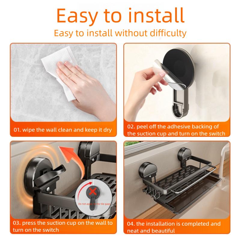 AOBT No-Drill Kitchen Sink Storage Rack Suction Cup Cloth Draining Rack Multifunctional Wall-Mounted Sink Shelf Utensils Dishes