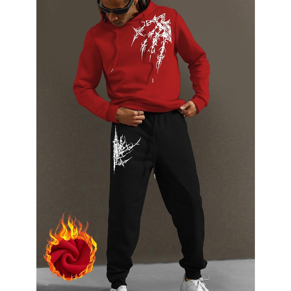 Herren modische Sportbekleidung mit Kapuze, lässiges Set, normale Passform, bedrucktes Design, mit Taschen