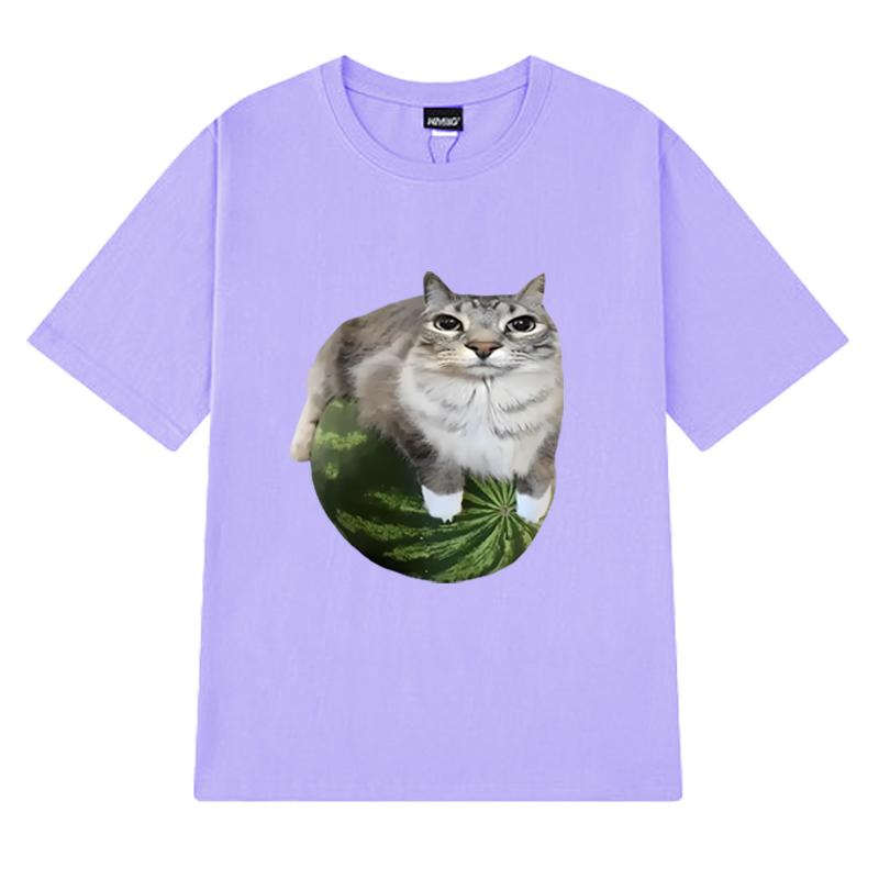 Funny Watermelon Cat Silly Cat Meme Printed T Shirt 2025 New Men Women Oversized Short Sleeve T-shirts Unisex 100% Cotton Tops