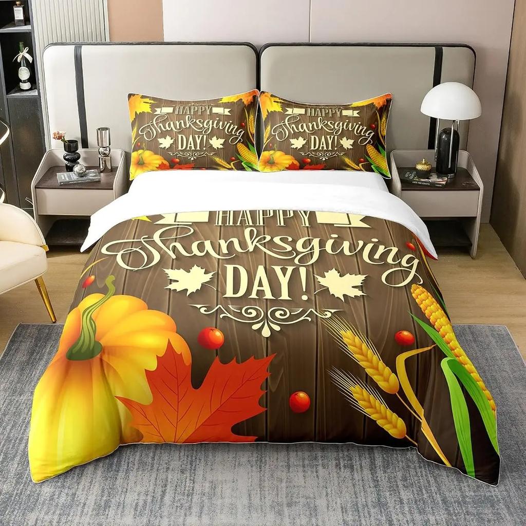 Autumn Maple Bedding Set Pumpkin Fall Comforter Cover Happy Thanksgiving Duvet Cover Farmhouse Room Decor Durable Quilt Cover
