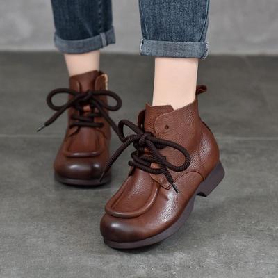 Vintage Cowhide Handmade Short Boots Genuine Leather Lace Up Round Toe Soft Soled Boots Women's Shoes