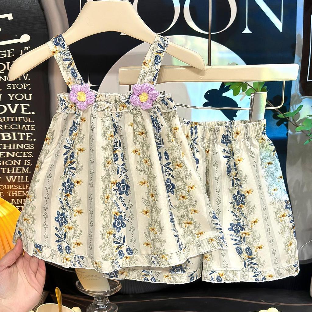 2026 New Korean Style Floral Princess Spaghetti Strap Two-Piece Summer Set for Girls