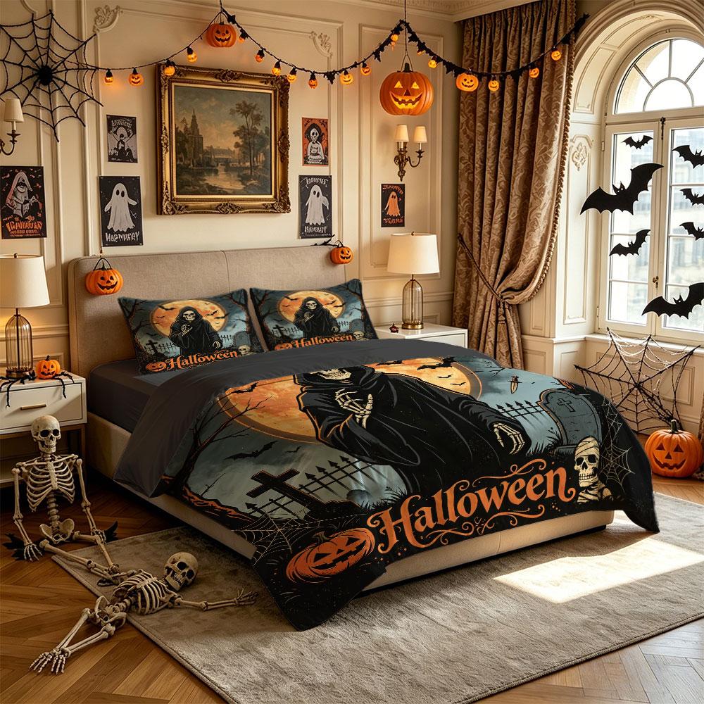 Halloween Grim Reaper Full Moon Bat 3Pcs Duvet Cover Set Spooky Gothic Horror Bedding Bedroom Decor
