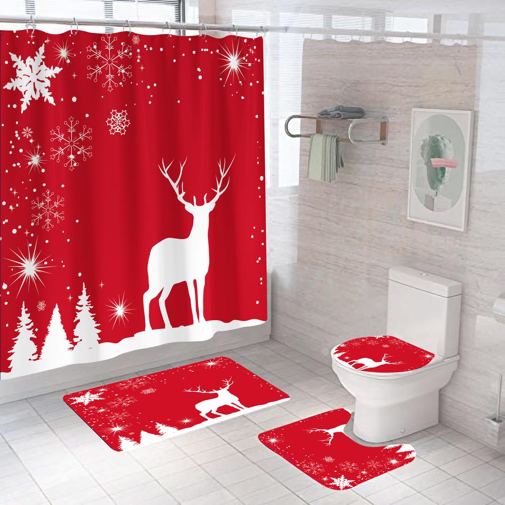 4pcs Merry Christmas Shower Curtain Polyester Shower Curtain Pedestal Rug Set Bathroom Decor Waterproof Curtain