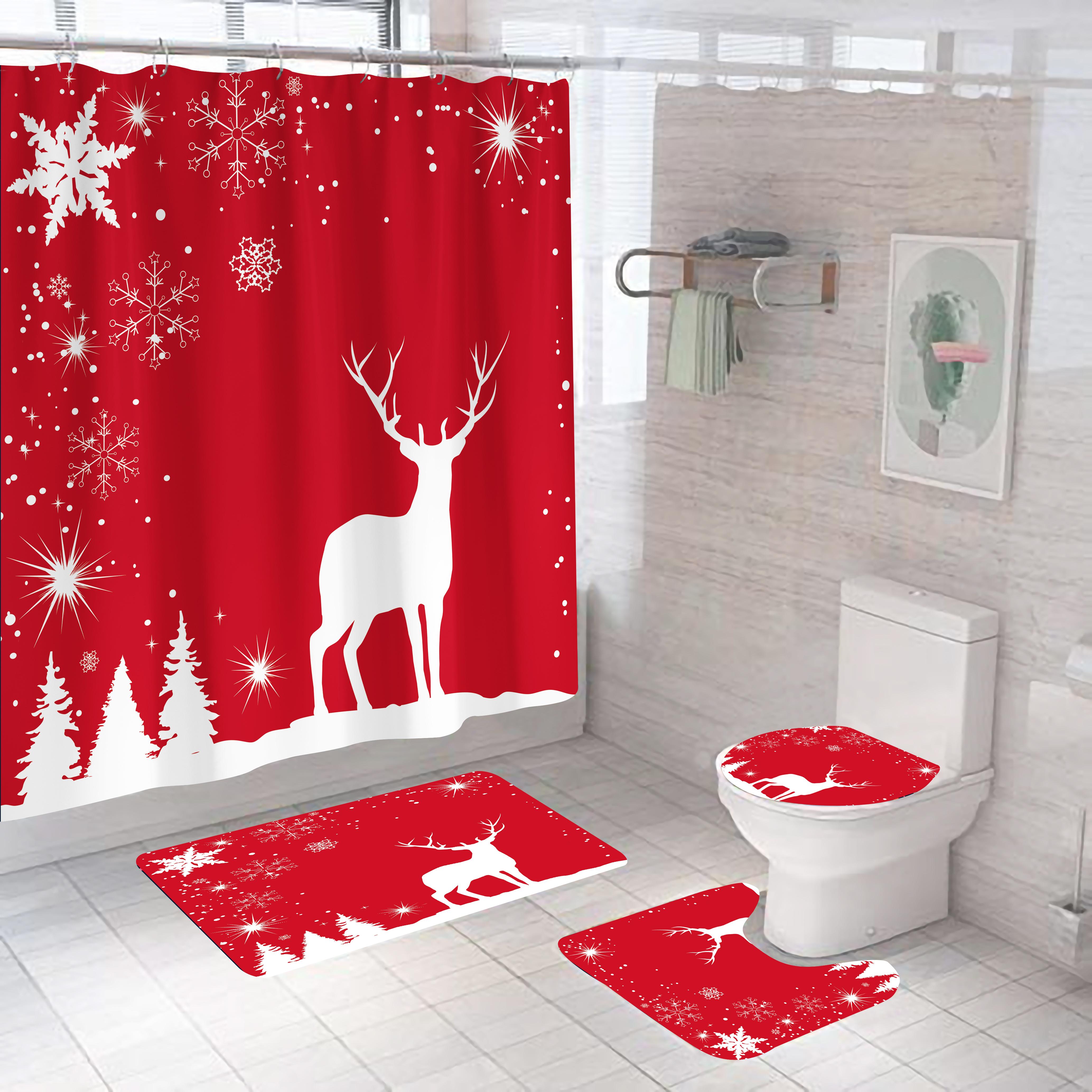 

4pcs Merry Christmas Shower Curtain Polyester Shower Curtain Pedestal Rug Set Bathroom Decor Waterproof Curtain 4pcs