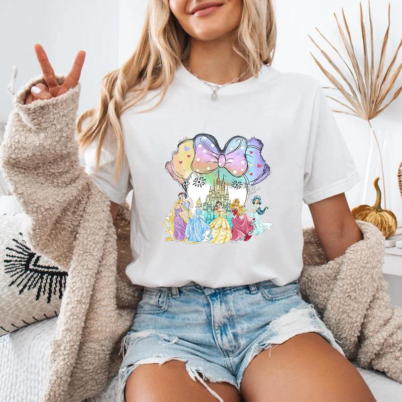 

Princess Castle Mickey Mouse Graphic Print Womens Cute TShirt Minnie Bow Print Shirt Womens Loose TShirt Top S