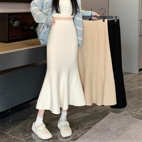 Women Fishtail Skirt High Waist Hip Wrapped Midi Skirt Solid Color Slim Fit Autumn Winter Knitting A-Line Skirt