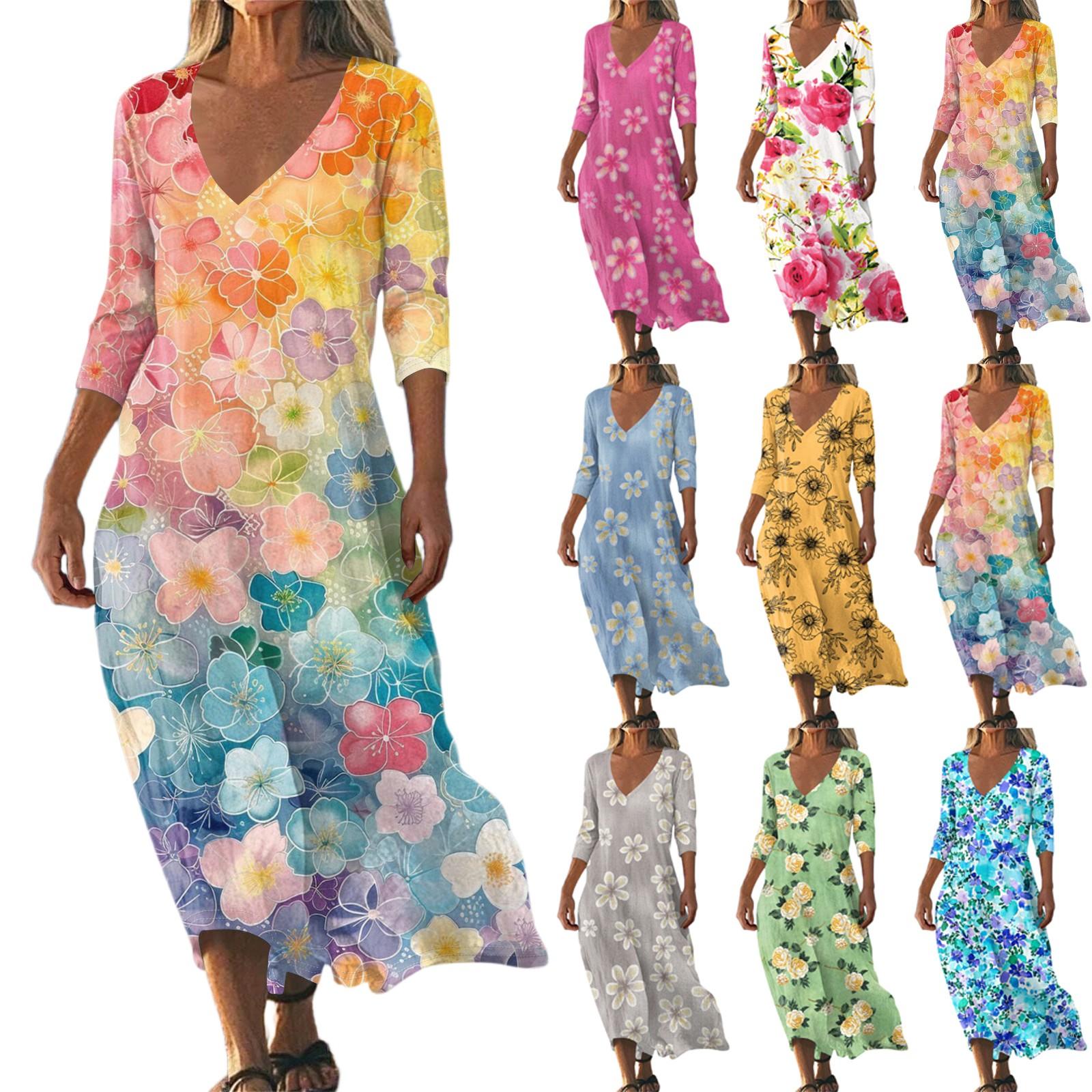 

Dresses For Womens Vintage Print Tunic Waisted Midi Dress Summer Casual 3/4 Sleeve Dress L