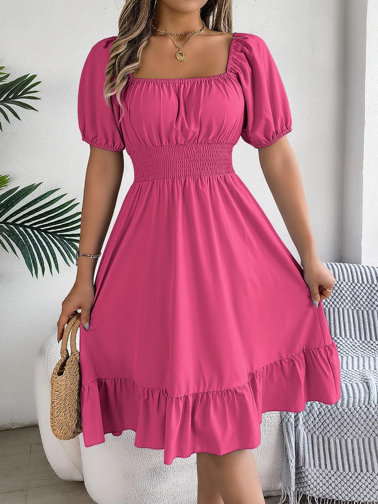 Women's Square Neck Puff Sleeve Pleated Waist Ruffle Hem Dress
