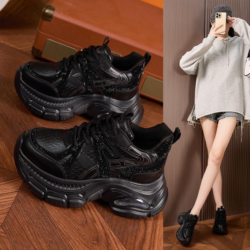 Platform Dad Shoes Women's 2025 Autumn New Fashion Rhinestone Versatile Inner Height-increasing Women's Shoes Air Cushion Casual Sports Shoes