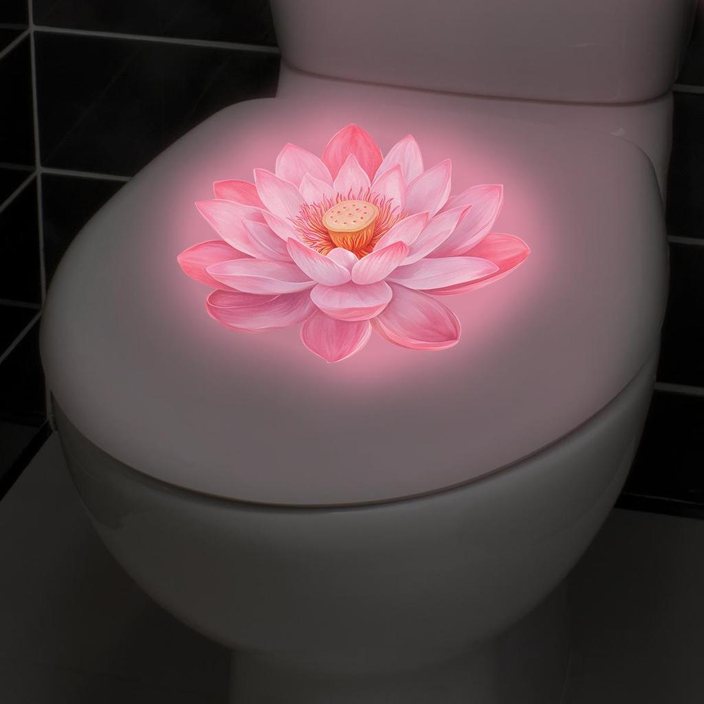 Pink Luminous Lotus Toilet Stickers, Chinese Zen-style Bathroom Decoration Stickers