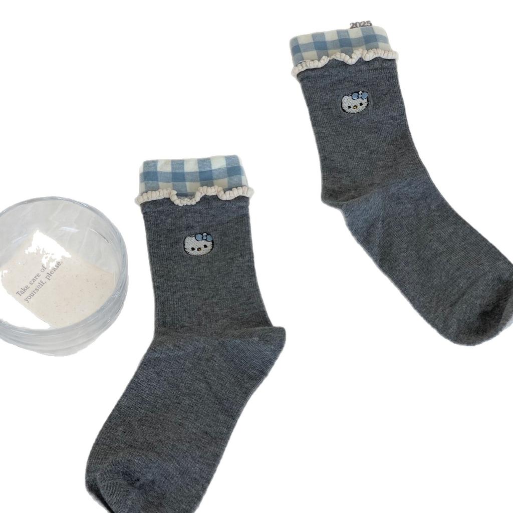 Autumn Gray Gray Double Needle Stack Socks Women'S Medium Stripe Solid Color Lace Double Screw Mouth Simple And Versatile