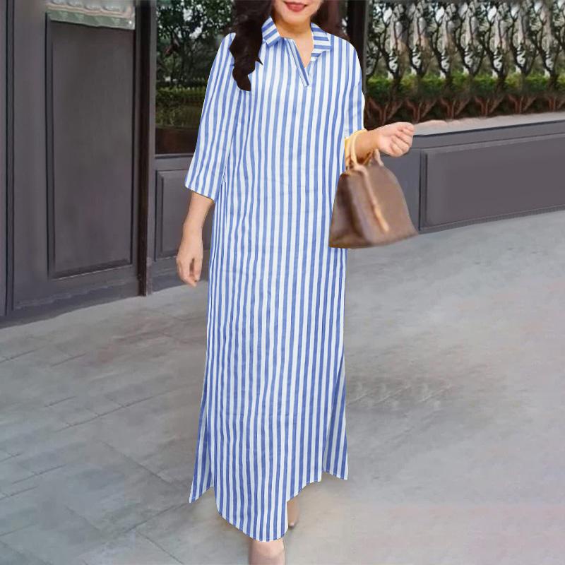 

ZANZEA Женское повседневное платье-рубашка в полоску с отложным воротником, свободного кроя, с короткими рукавами S