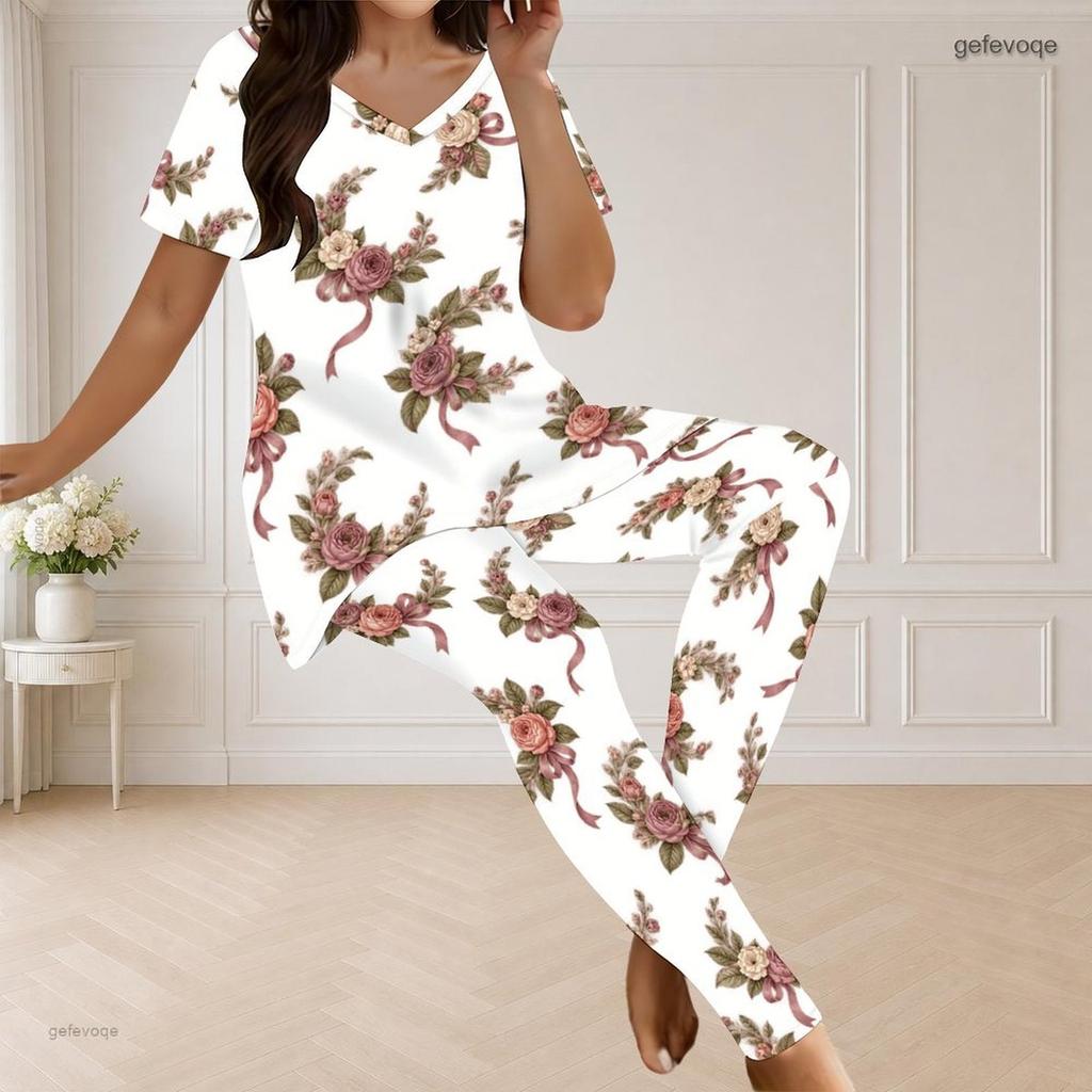 Women Plus Size V Neck Short Sleeve Rose Floral Print White Pajama Loungewear Set
