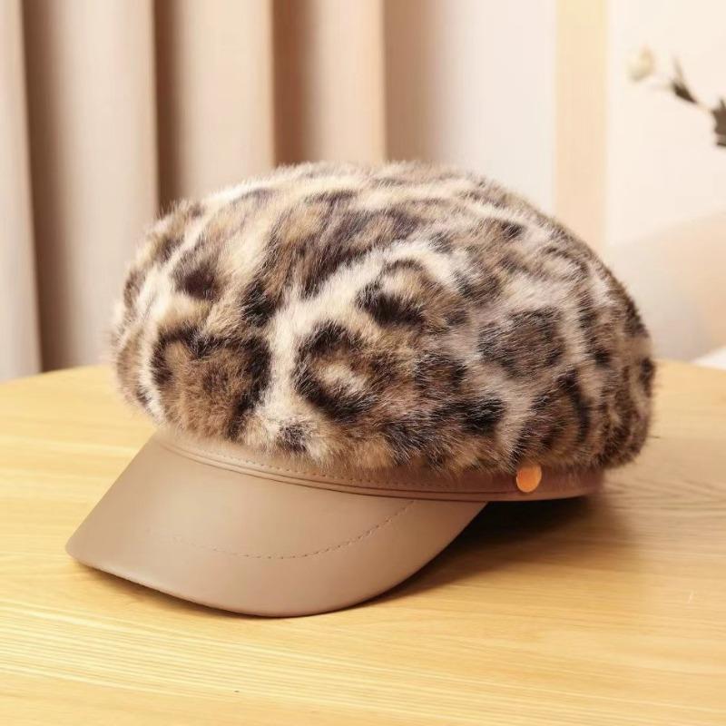 Women S Fashion Versatile Fleece Lined Leopard Print Beret Hat For Autumn Winter