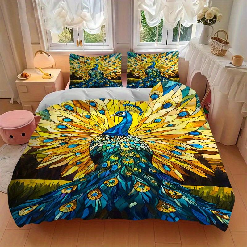 3pcs Peacock StainedGlass Bedding Cover Set, Fashion Classic Popular Print Bedding Set, Soft Comfortable, All Season Use, For Bedroom, Guest Rooma