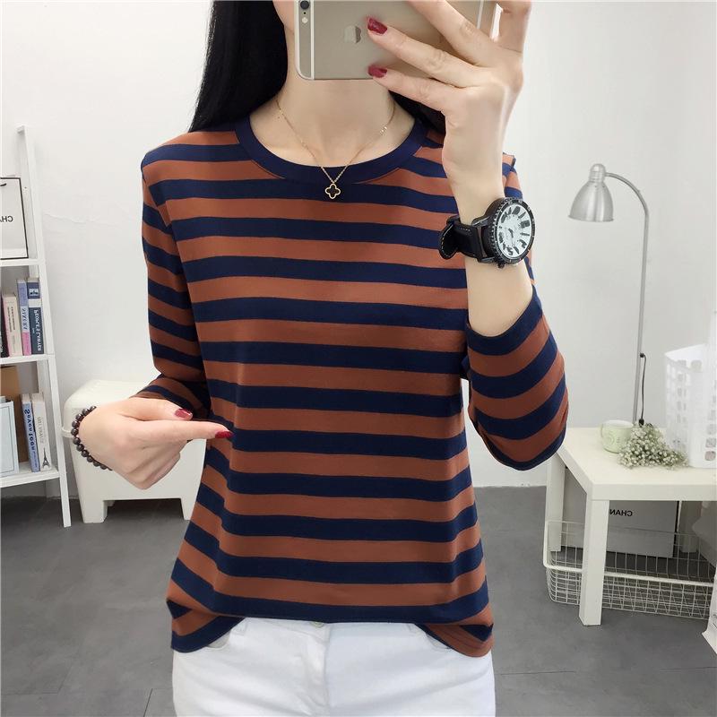 Women's Plus Size Striped Long Sleeve Cotton T-Shirt - Autumn Collection for Middle-Aged Moms