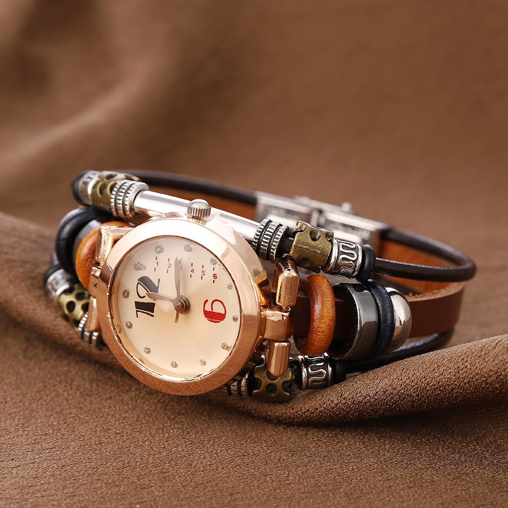 Retro Multi-Style Cowhide Quartz Bracelet Watch - Handmade Multi-Layer Stainless Steel Circle Jewelry