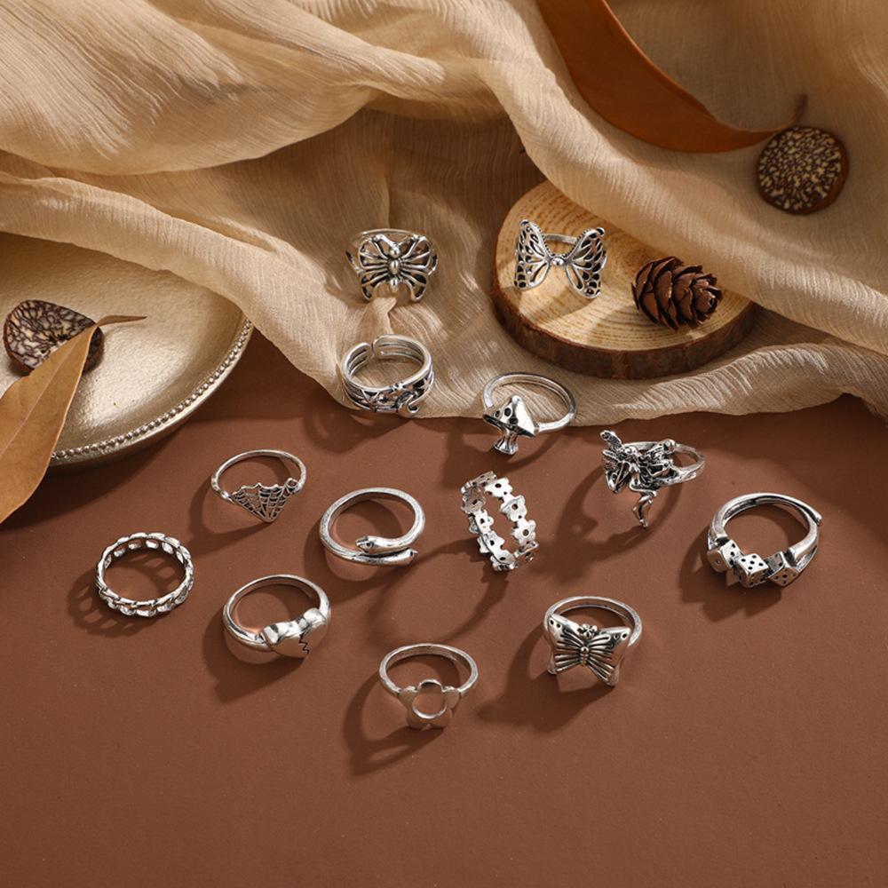 Exaggerated Mushroom Chain Flower Moon Love Butterfly Snake Hollow 13-piece Ring Set