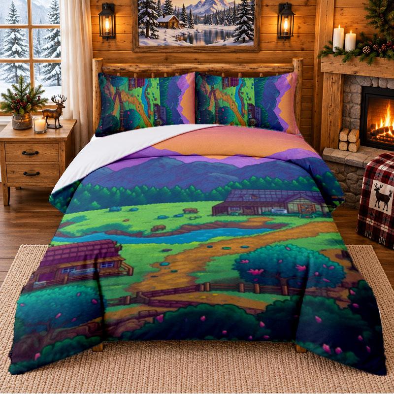 Stardew Valley Muster Bettwäsche 3-teiliges Set Bettlaken und Kissenbezüge für Schlafzimmer