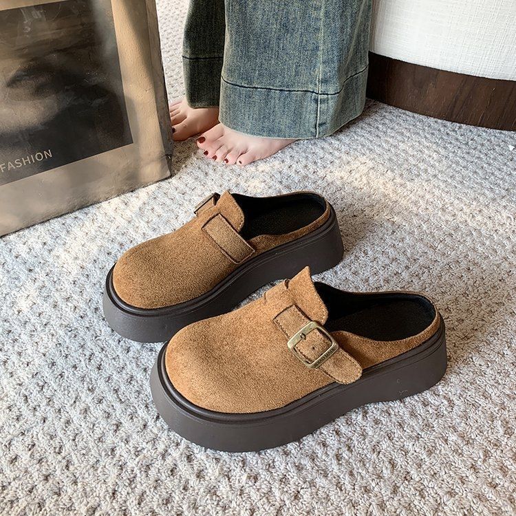 Small Boken Single Shoes Muffin Thick Sole Heightening Boken Shoes Women's Bag Head Half Slippers Outer Wear 2025 New Spring and Autumn